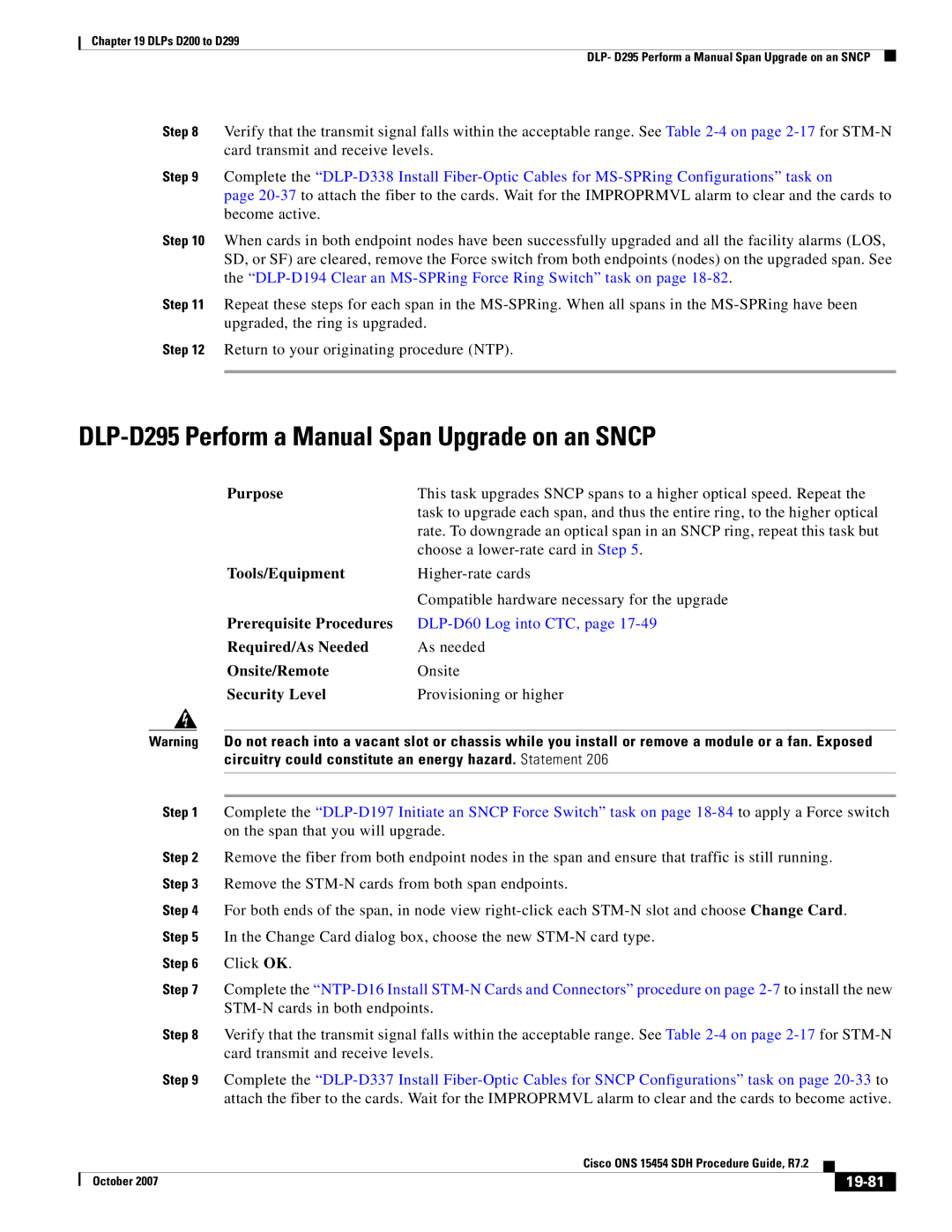 Cisco Systems D200 manual DLP-D295 Perform a Manual Span Upgrade on an Sncp, 19-81 