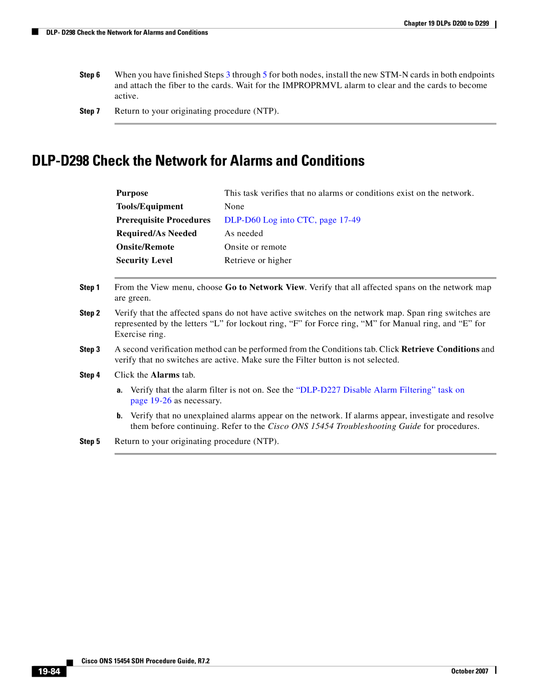 Cisco Systems D200 manual DLP-D298 Check the Network for Alarms and Conditions, 19-84 