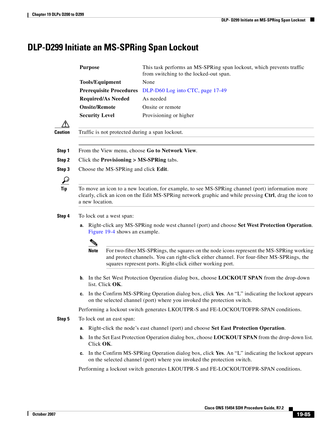 Cisco Systems D200 manual DLP-D299 Initiate an MS-SPRing Span Lockout, 19-85 