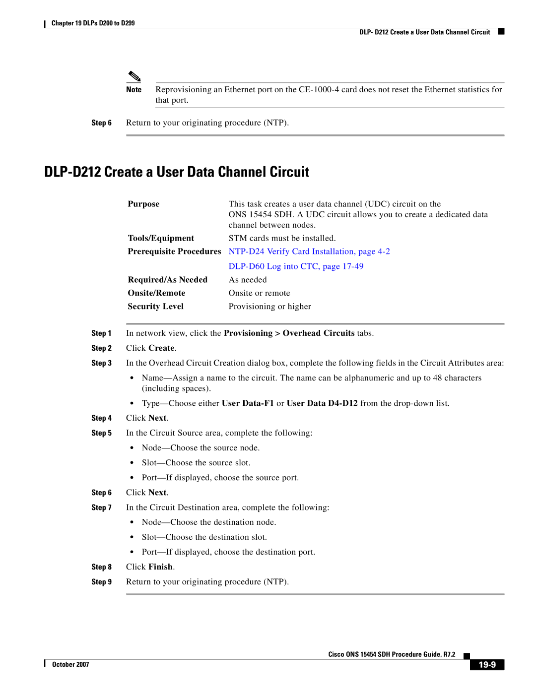 Cisco Systems D200 manual DLP-D212 Create a User Data Channel Circuit, 19-9 