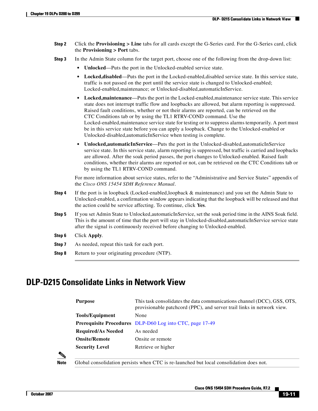Cisco Systems D200 manual DLP-D215 Consolidate Links in Network View, the Cisco ONS 15454 SDH Reference Manual, 19-11 