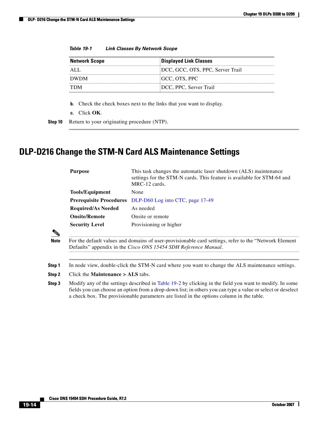 Cisco Systems D200 manual DLP-D216 Change the STM-N Card ALS Maintenance Settings, Displayed Link Classes, 19-14 
