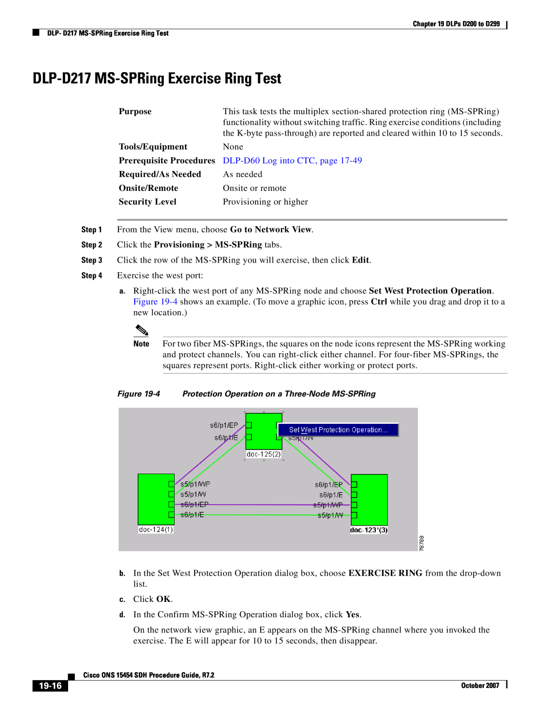 Cisco Systems D200 manual DLP-D217 MS-SPRing Exercise Ring Test, 19-16, DLP-D60 Log into CTC, page 