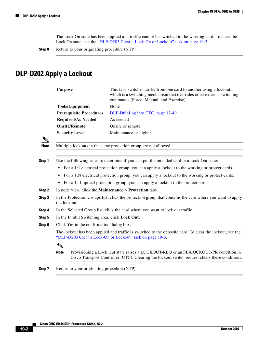 Cisco Systems D200 manual DLP-D202 Apply a Lockout, DLP-D60 Log into CTC, page, 19-2 