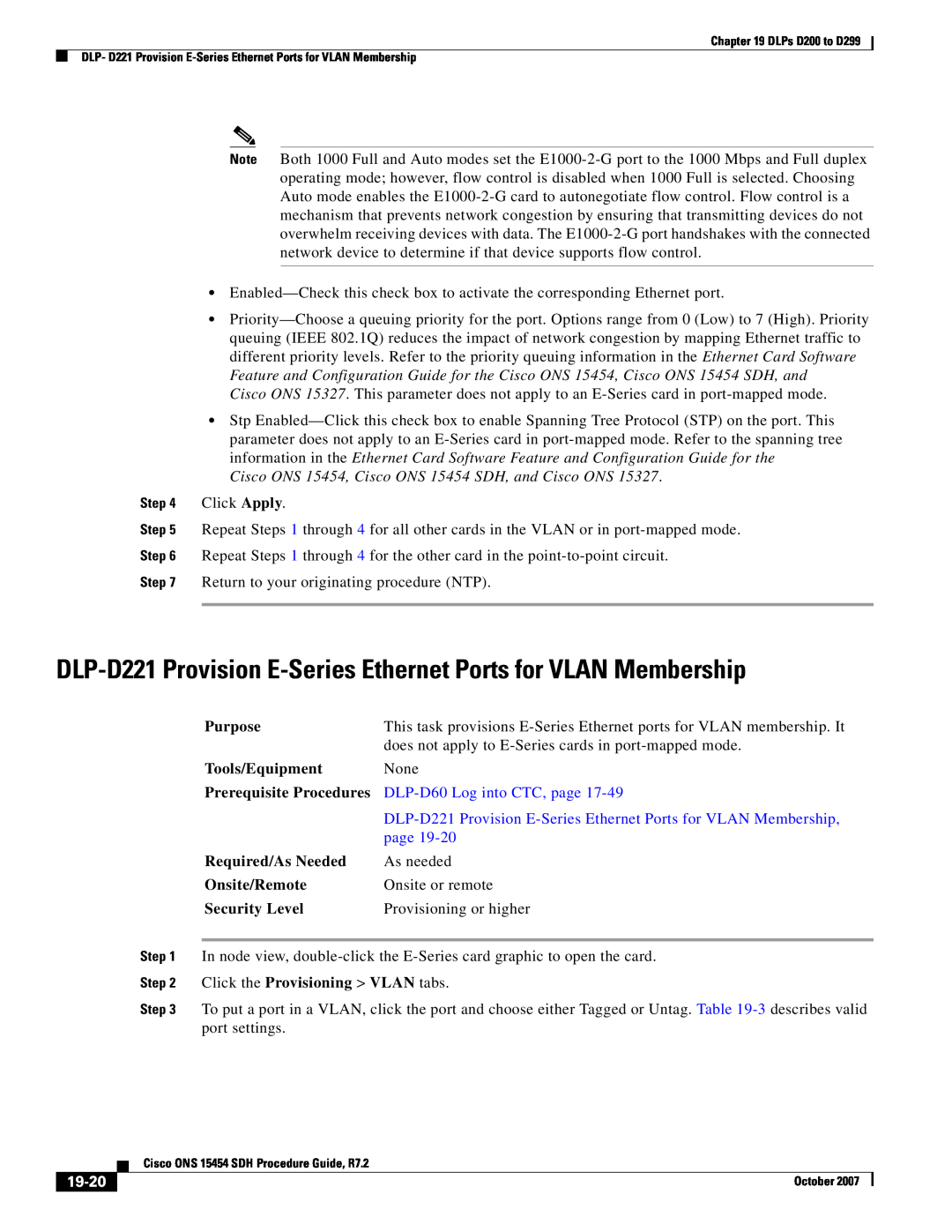 Cisco Systems D200 DLP-D221 Provision E-Series Ethernet Ports for VLAN Membership, 19-20, DLP-D60 Log into CTC, page 