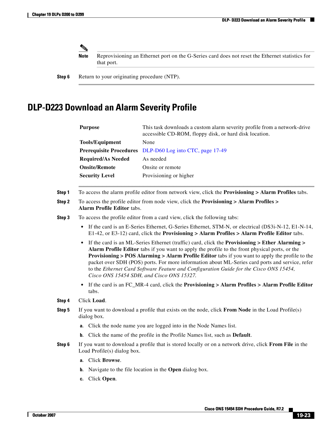 Cisco Systems D200 manual DLP-D223 Download an Alarm Severity Profile, 19-23, DLP-D60 Log into CTC, page, Click Load 