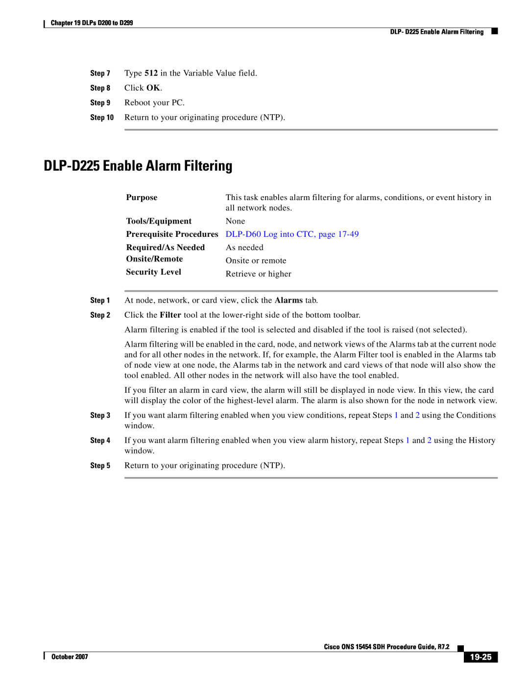 Cisco Systems D200 manual DLP-D225 Enable Alarm Filtering, DLP-D60 Log into CTC, page, 19-25 