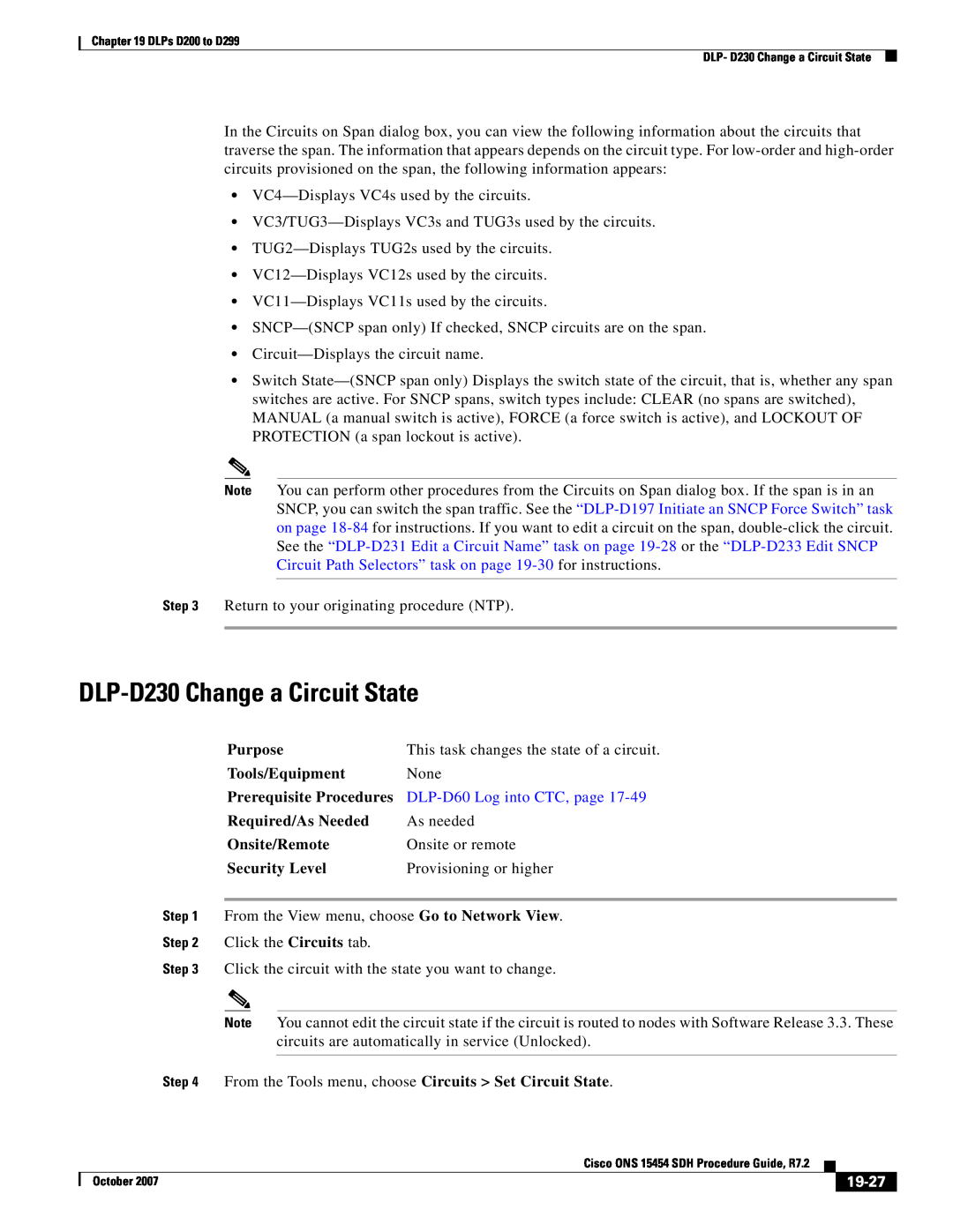Cisco Systems D200 manual DLP-D230 Change a Circuit State, 19-27, DLP-D60 Log into CTC, page 