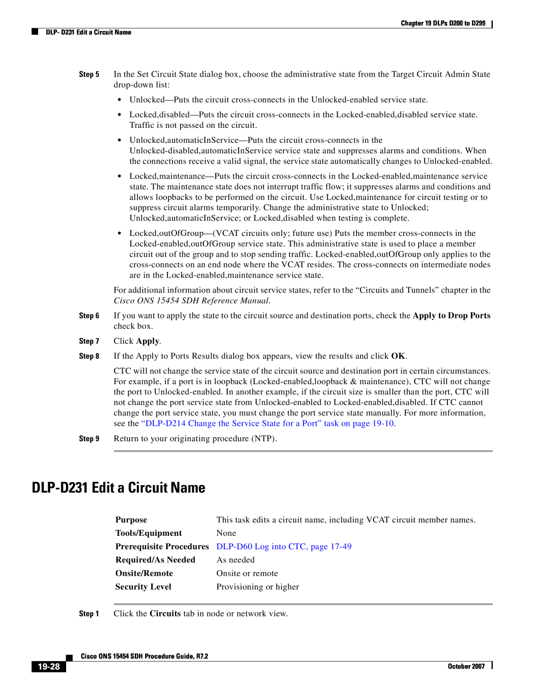 Cisco Systems D200 manual DLP-D231 Edit a Circuit Name, 19-28, DLP-D60 Log into CTC, page 