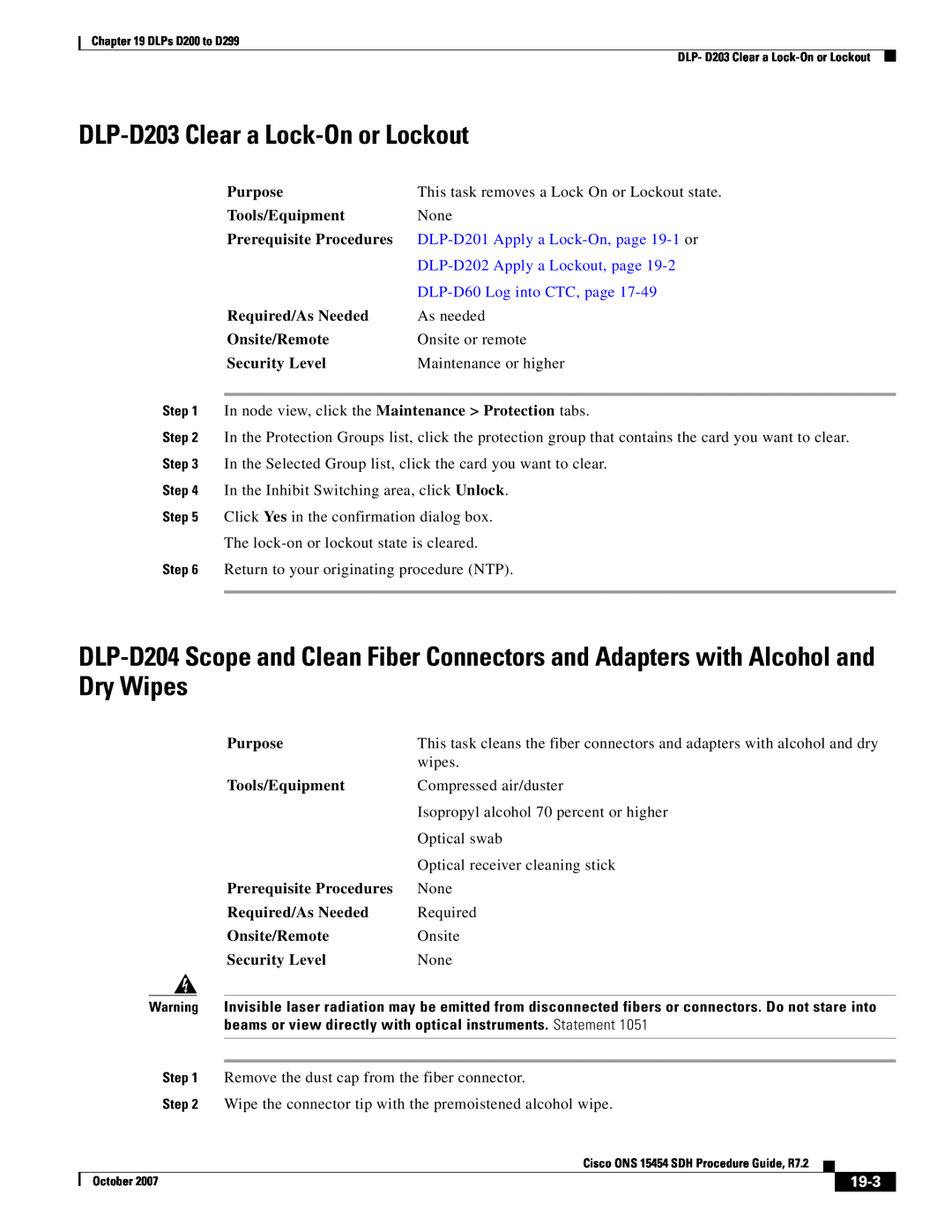 Cisco Systems D200 manual DLP-D203 Clear a Lock-On or Lockout, DLP-D201 Apply a Lock-On, page 19-1 or, 19-3 