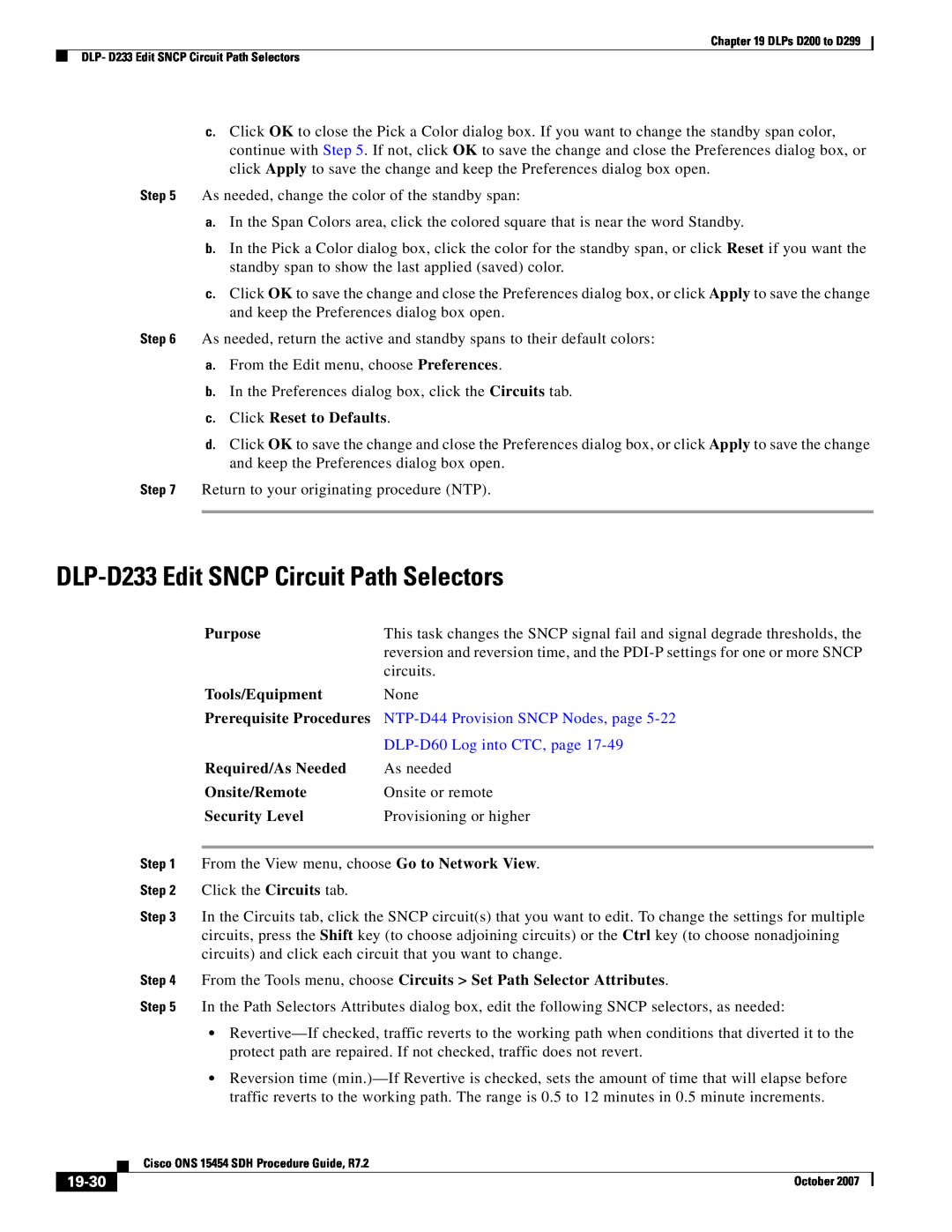 Cisco Systems D200 manual DLP-D233 Edit SNCP Circuit Path Selectors, NTP-D44 Provision SNCP Nodes, page, 19-30, Purpose 