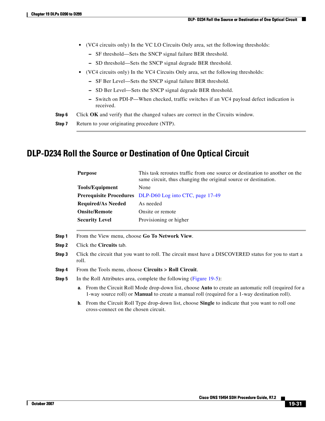 Cisco Systems D200 manual DLP-D234 Roll the Source or Destination of One Optical Circuit, 19-31, Purpose, Tools/Equipment 