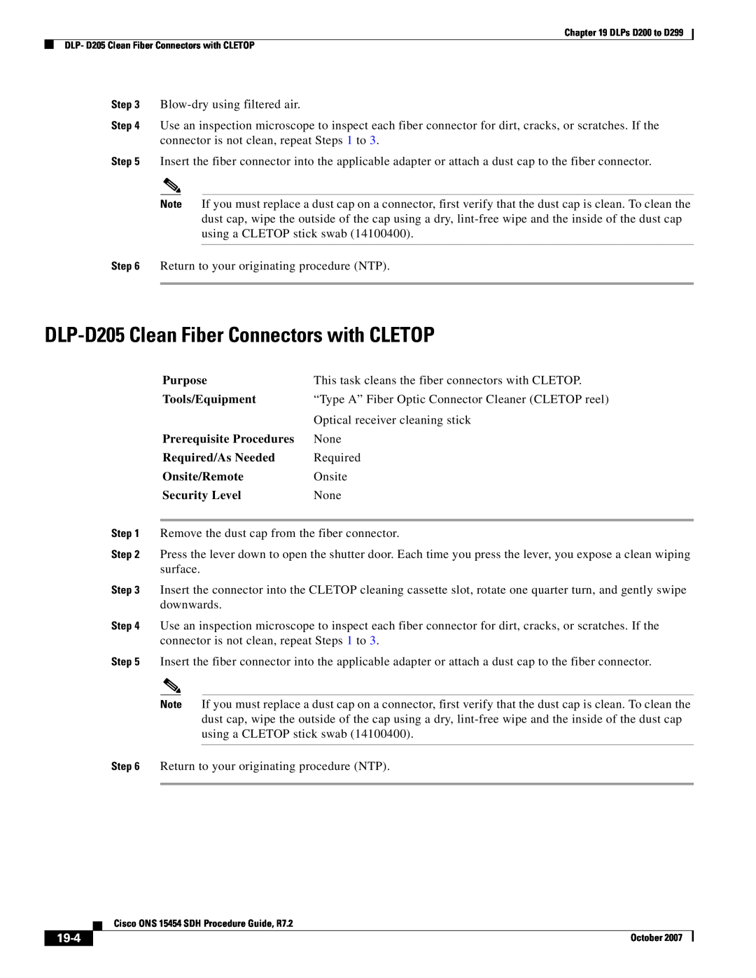 Cisco Systems D200 DLP-D205 Clean Fiber Connectors with CLETOP, 19-4, Purpose, Tools/Equipment, Prerequisite Procedures 