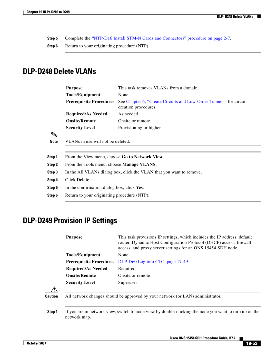 Cisco Systems D200 DLP-D248 Delete VLANs, DLP-D249 Provision IP Settings, 19-53, DLP-D60 Log into CTC, page, Click Delete 