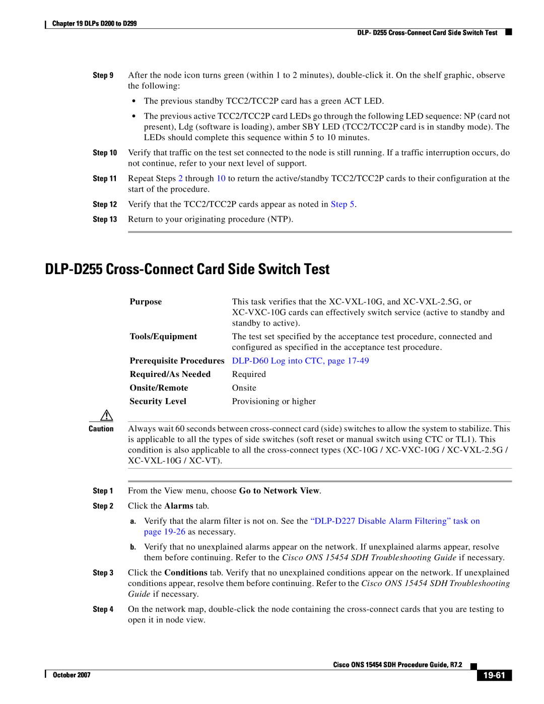 Cisco Systems D200 DLP-D255 Cross-Connect Card Side Switch Test, 19-61, Purpose, Tools/Equipment, Prerequisite Procedures 