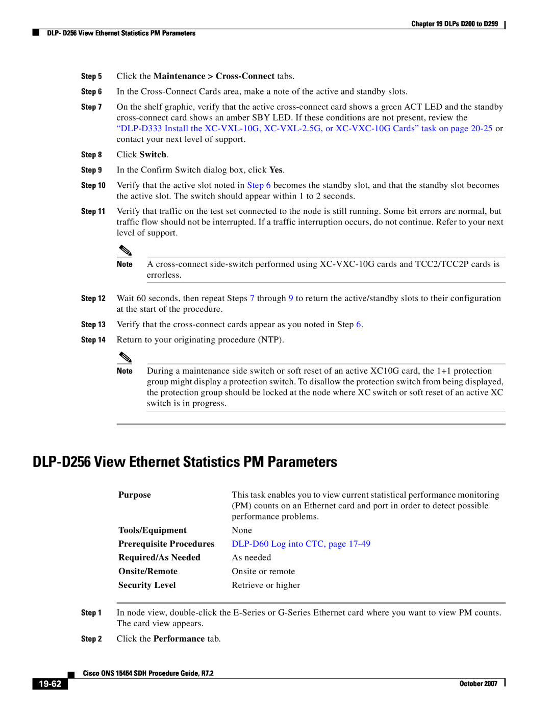 Cisco Systems D200 manual DLP-D256 View Ethernet Statistics PM Parameters, 19-62, DLP-D60 Log into CTC, page, Click Switch 