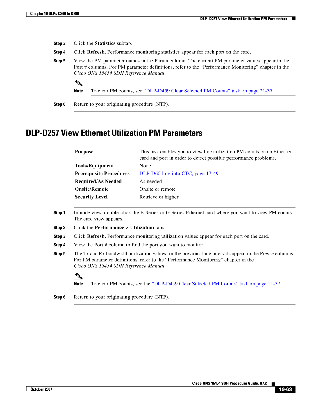 Cisco Systems D200 manual DLP-D257 View Ethernet Utilization PM Parameters, Cisco ONS 15454 SDH Reference Manual, 19-63 