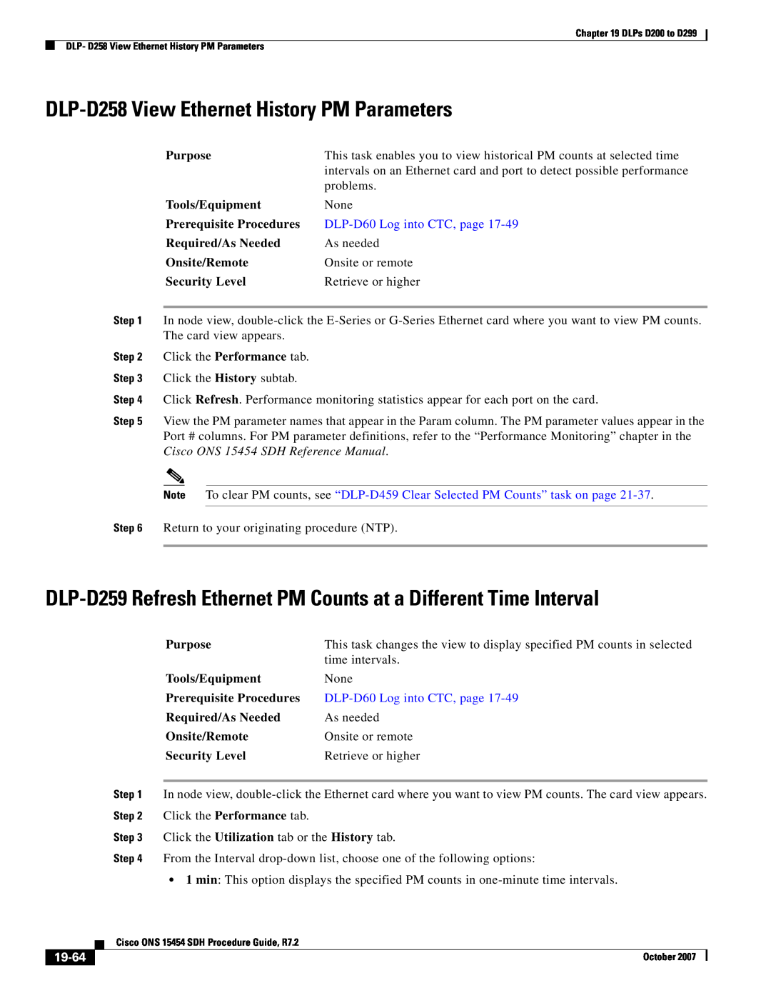 Cisco Systems D200 manual DLP-D258 View Ethernet History PM Parameters, 19-64, DLP-D60 Log into CTC, page 
