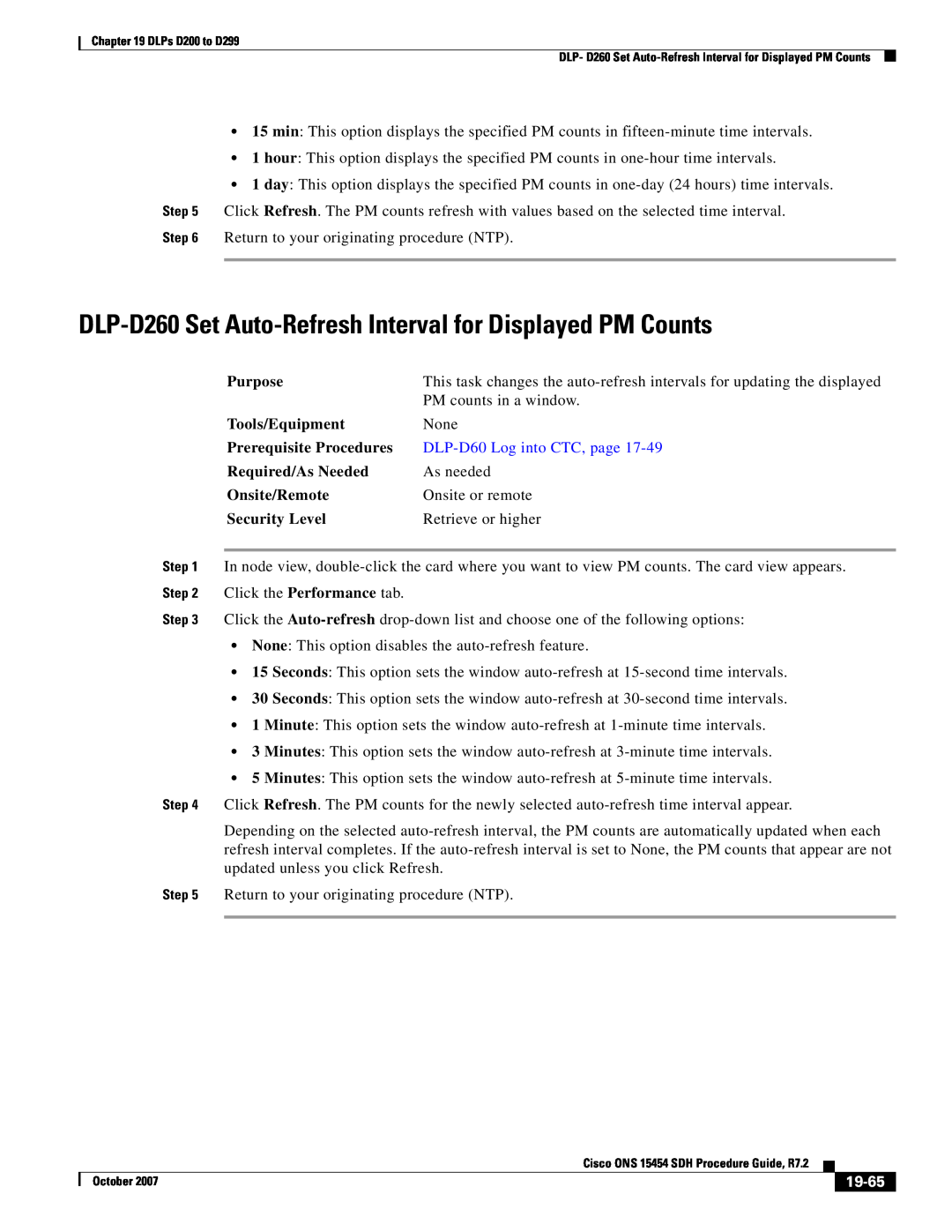 Cisco Systems D200 manual DLP-D260 Set Auto-Refresh Interval for Displayed PM Counts, 19-65, Purpose, Tools/Equipment 