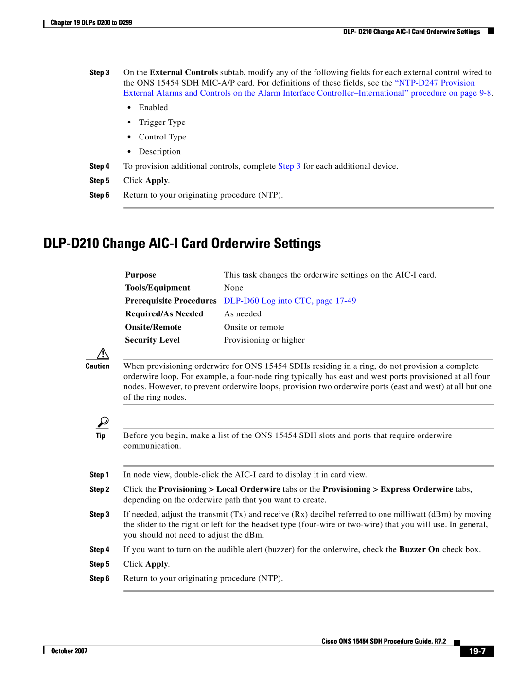 Cisco Systems D200 manual DLP-D210 Change AIC-I Card Orderwire Settings, 19-7, DLP-D60 Log into CTC, page, Click Apply 