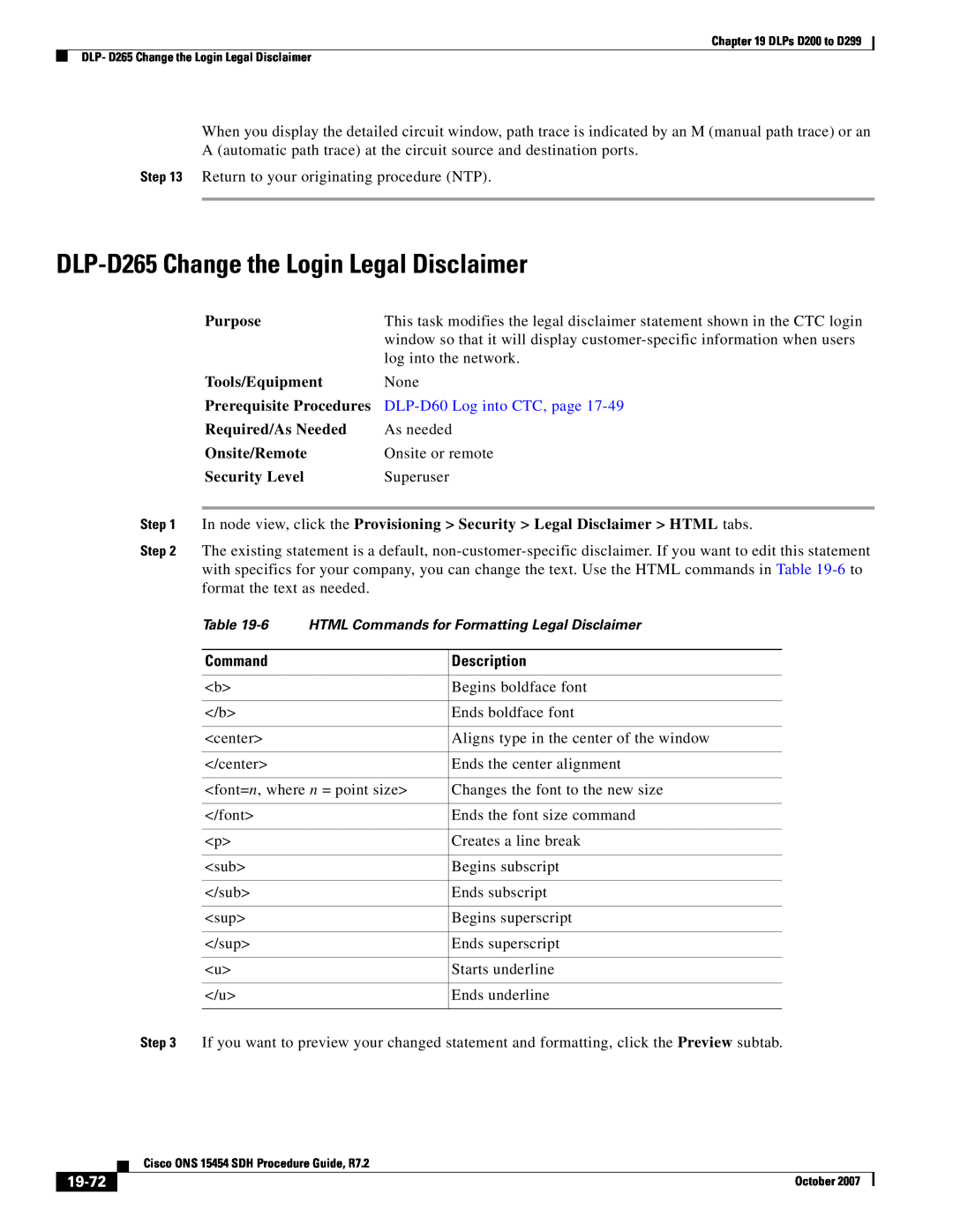 Cisco Systems D200 DLP-D265 Change the Login Legal Disclaimer, Command, 19-72, DLP-D60 Log into CTC, page, Description 