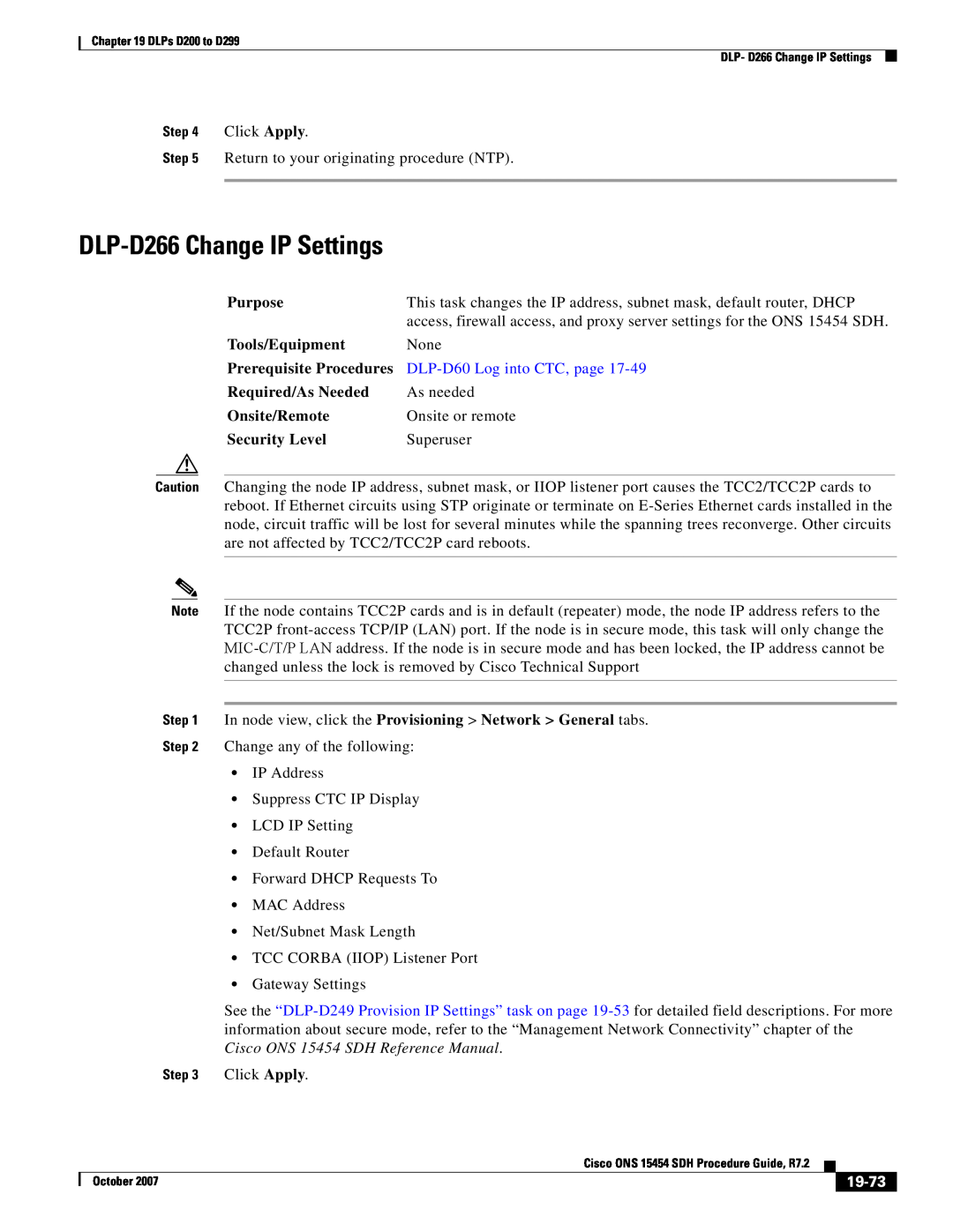 Cisco Systems D200 manual DLP-D266 Change IP Settings, 19-73, DLP-D60 Log into CTC, page 