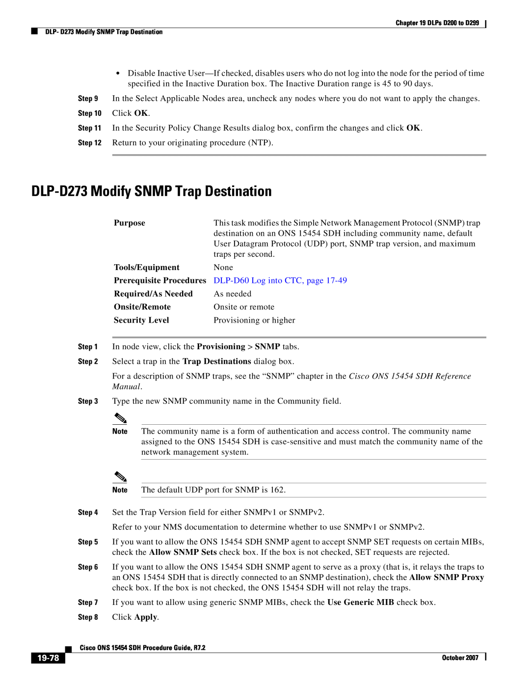 Cisco Systems D200 manual DLP-D273 Modify SNMP Trap Destination, 19-78, DLP-D60 Log into CTC, page, Click OK 