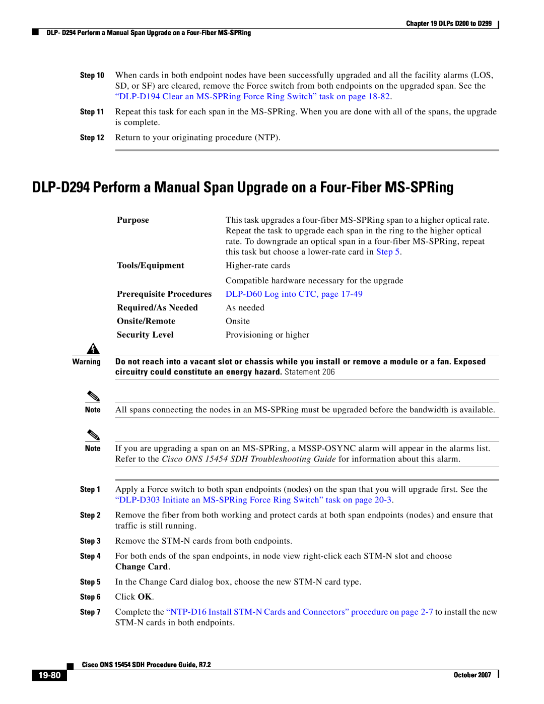 Cisco Systems D200 manual DLP-D294 Perform a Manual Span Upgrade on a Four-Fiber MS-SPRing, 19-80, Purpose, Tools/Equipment 