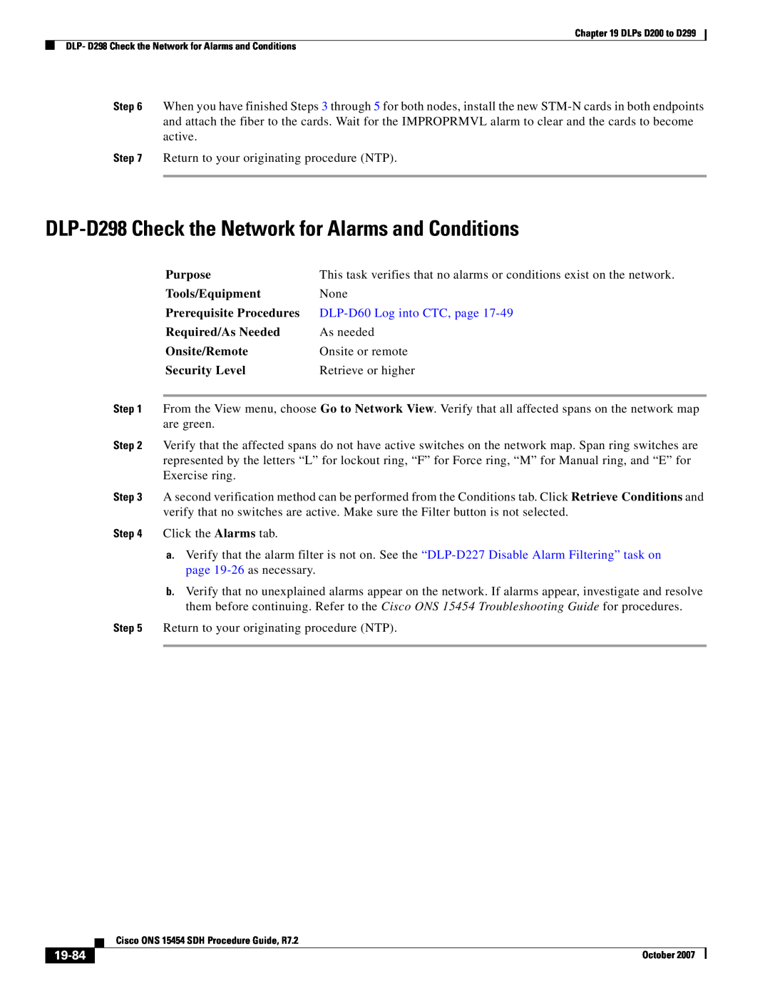Cisco Systems D200 manual DLP-D298 Check the Network for Alarms and Conditions, 19-84, DLP-D60 Log into CTC, page 