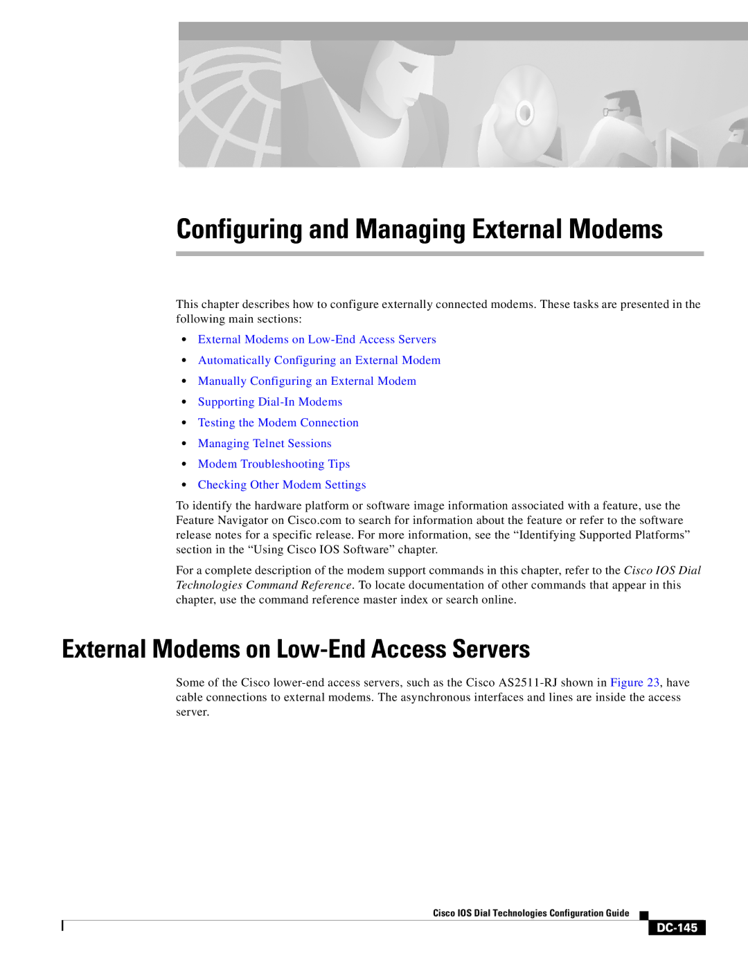 Cisco Systems DC-145 manual External Modems on Low-End Access Servers 