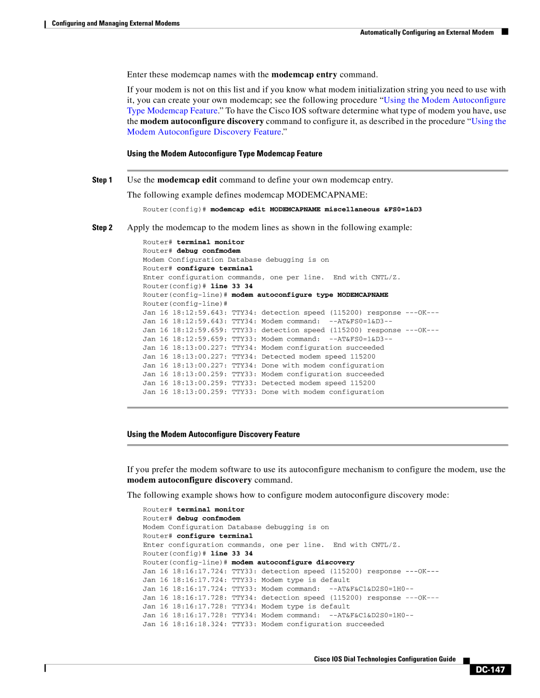 Cisco Systems DC-145 Using the Modem Autoconfigure Type Modemcap Feature, Using the Modem Autoconfigure Discovery Feature 