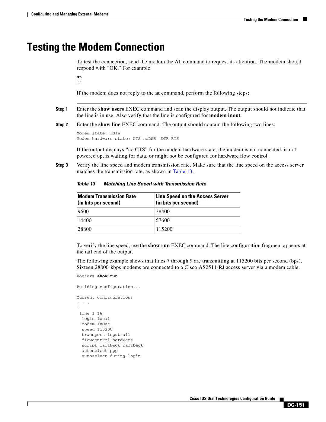 Cisco Systems DC-145 manual Testing the Modem Connection, DC-151 