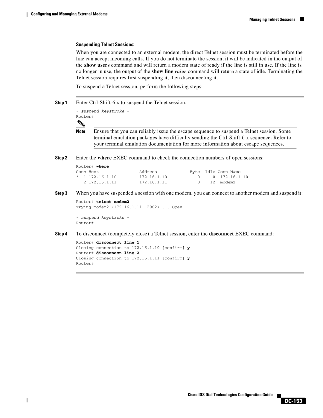 Cisco Systems DC-145 manual Suspending Telnet Sessions, DC-153 