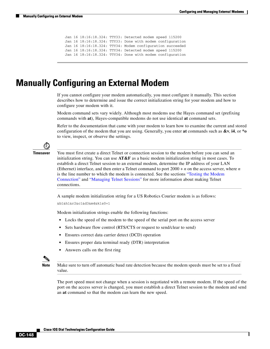 Cisco Systems DC-145 manual Manually Configuring an External Modem, DC-148 