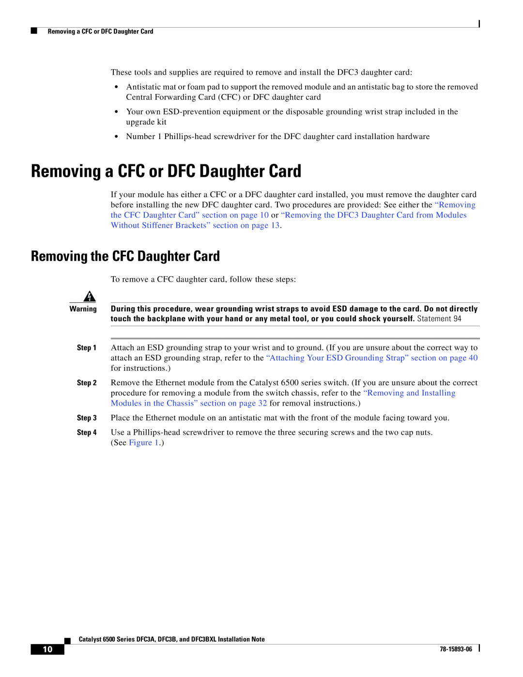 Cisco Systems DFC3BXL, DFC3A manual Removing a CFC or DFC Daughter Card, Removing the CFC Daughter Card 