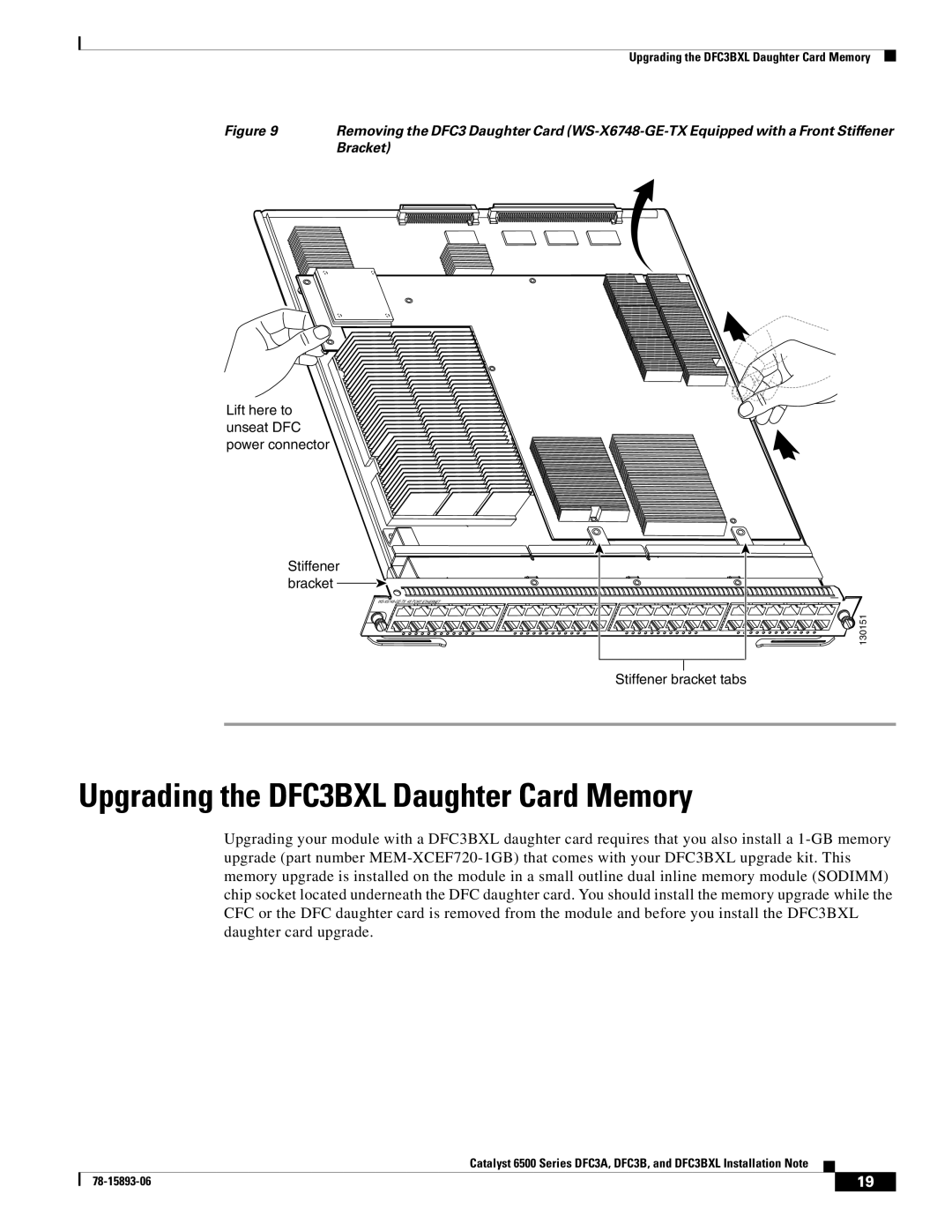 Cisco Systems Upgrading the DFC3BXL Daughter Card Memory, Lift here to unseat DFC power connector Stiffener bracket 