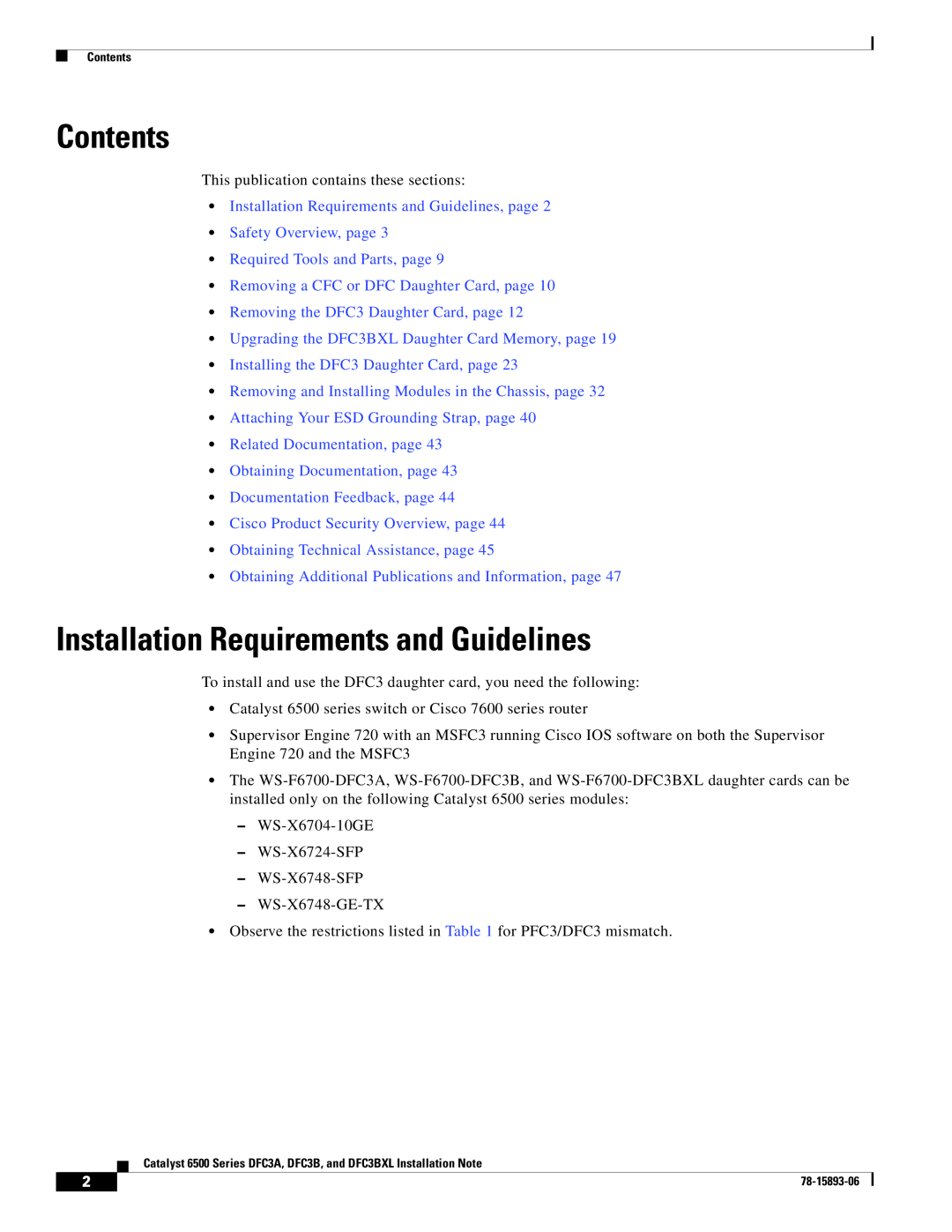 Cisco Systems DFC3A, DFC3BXL manual Contents, Installation Requirements and Guidelines 