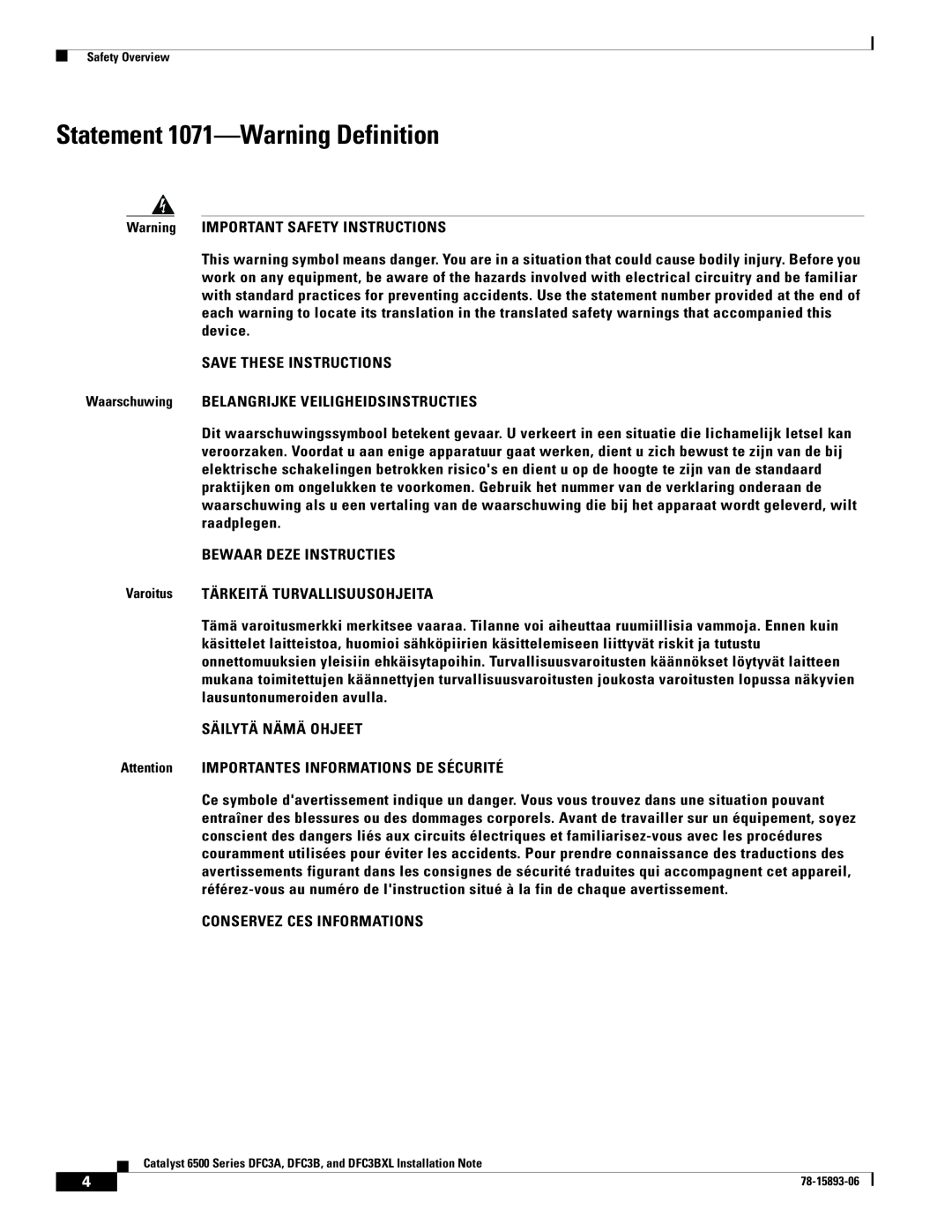 Cisco Systems DFC3BXL, DFC3A manual Statement 1071-Warning Definition 