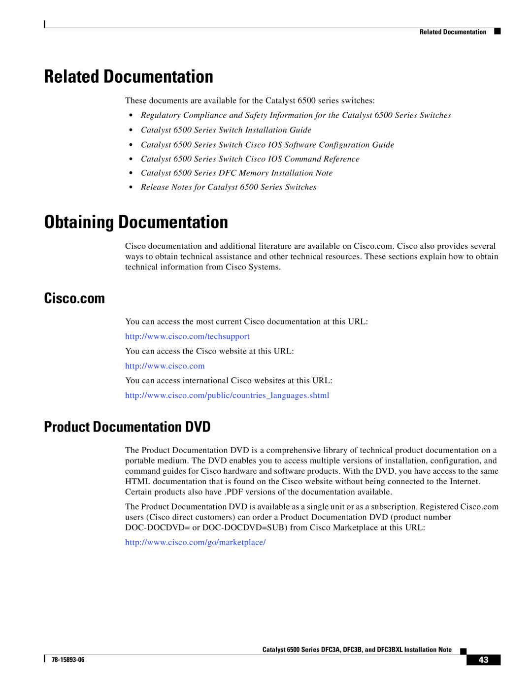 Cisco Systems DFC3BXL, DFC3A manual Related Documentation, Obtaining Documentation, Cisco.com, Product Documentation DVD 