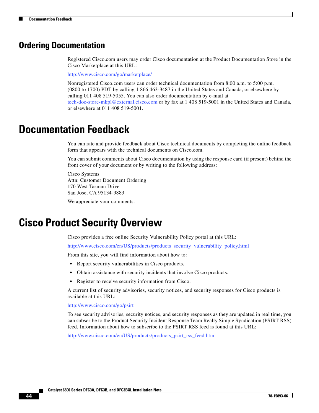 Cisco Systems DFC3A, DFC3BXL manual Documentation Feedback, Cisco Product Security Overview, Ordering Documentation 
