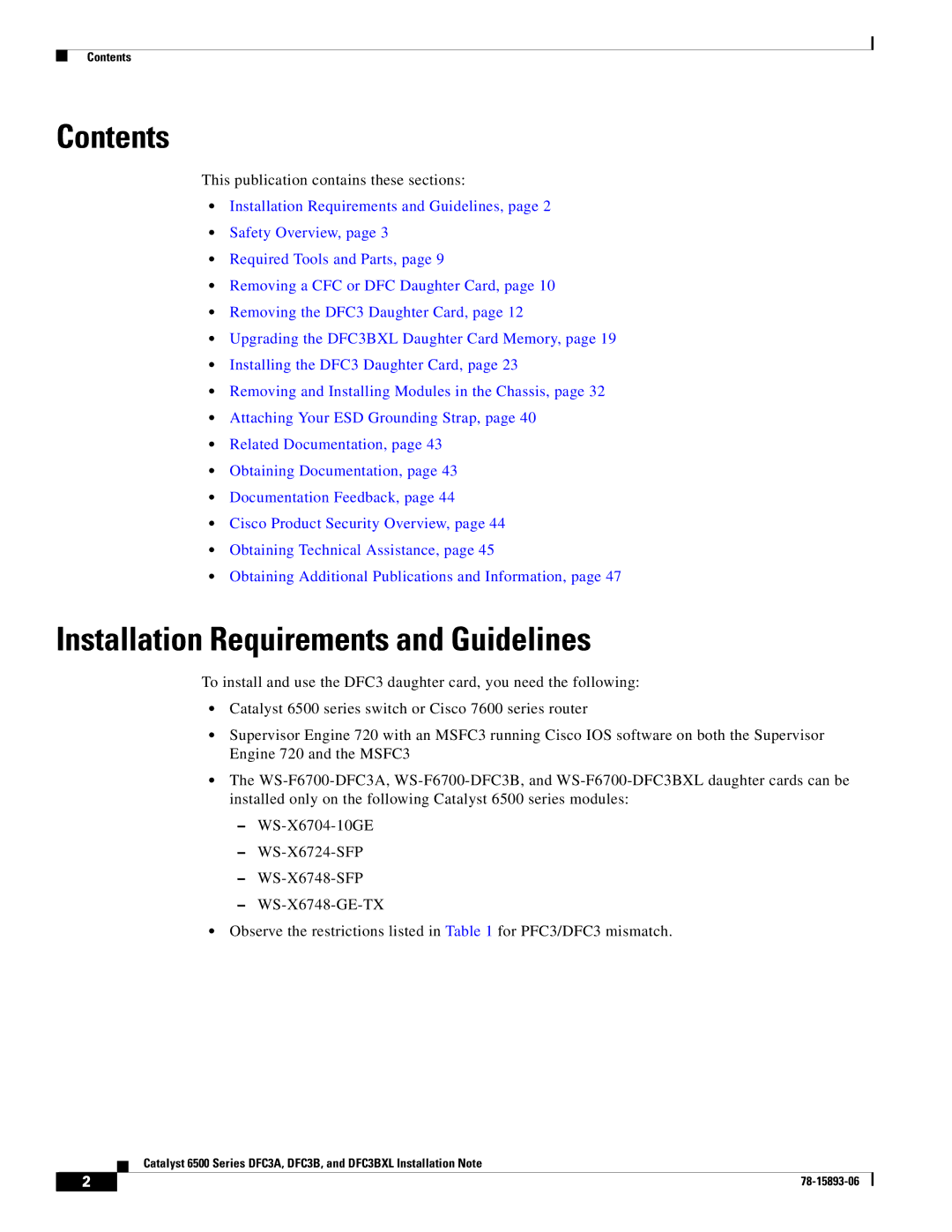 Cisco Systems DFC3A, DFC3BXL manual Contents, Installation Requirements and Guidelines 