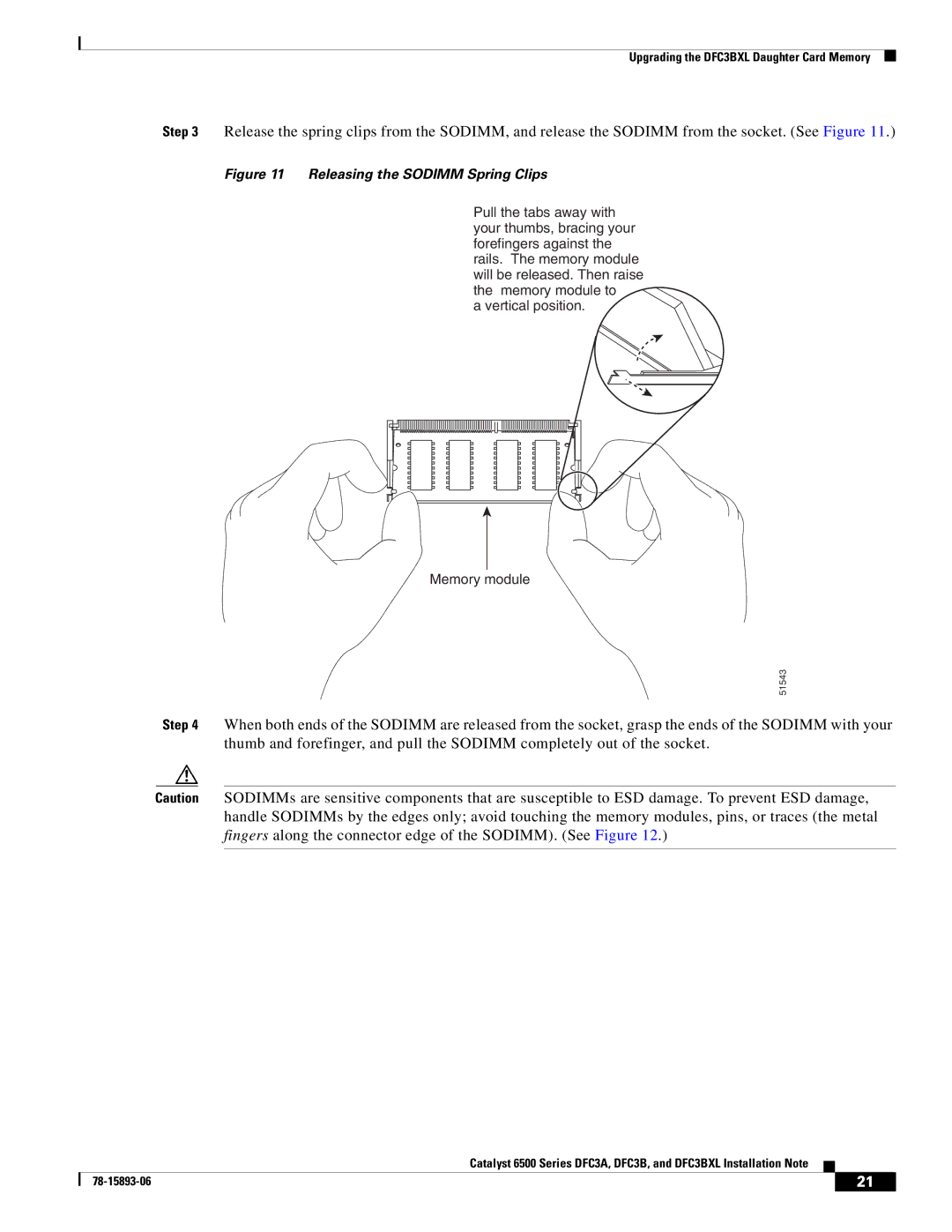 Cisco Systems DFC3BXL, DFC3A manual Releasing the Sodimm Spring Clips, Vertical position Memory module 