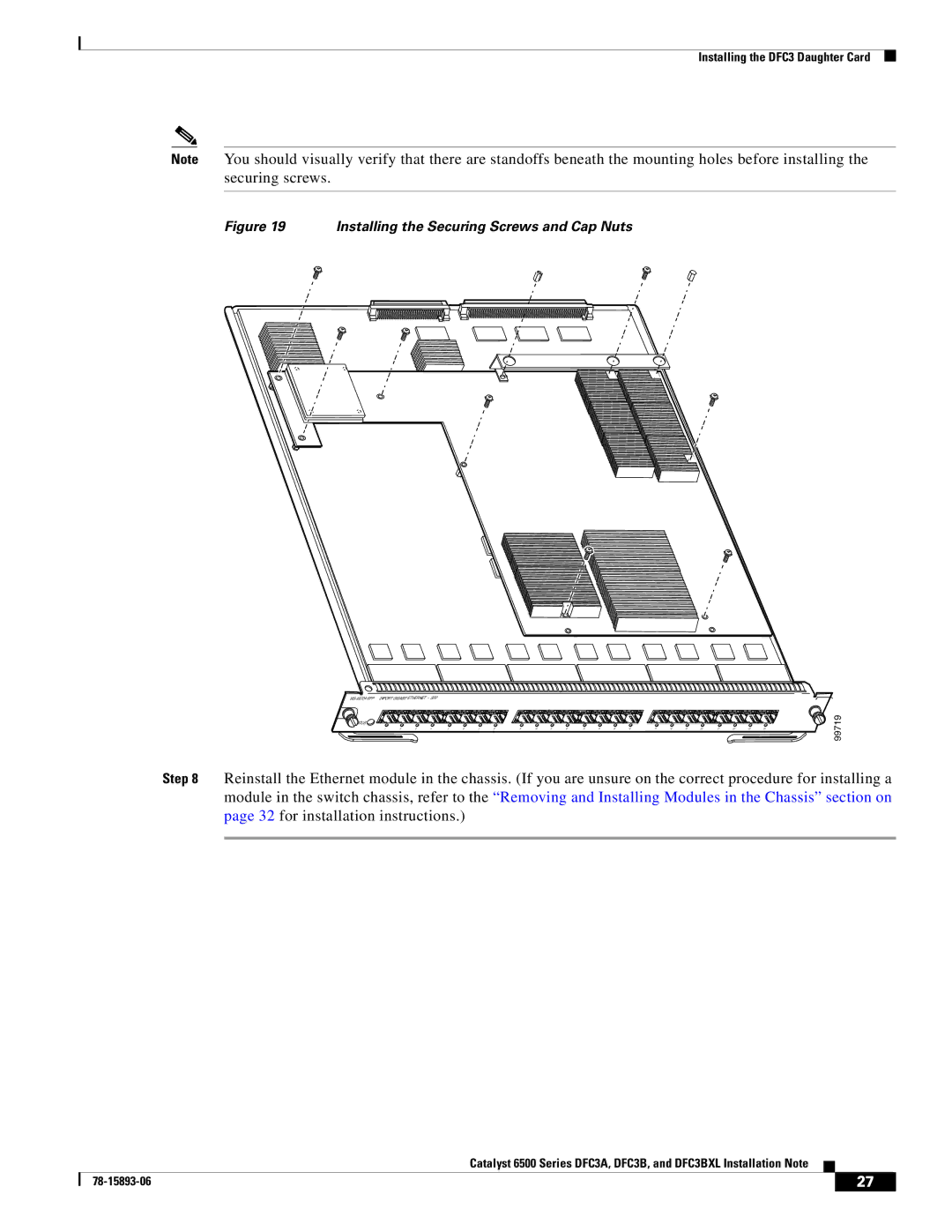 Cisco Systems DFC3BXL, DFC3A manual Installing the Securing Screws and Cap Nuts 