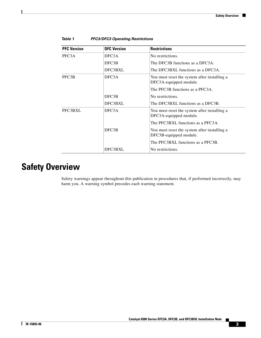 Cisco Systems DFC3BXL, DFC3A manual Safety Overview, PFC Version DFC Version Restrictions 