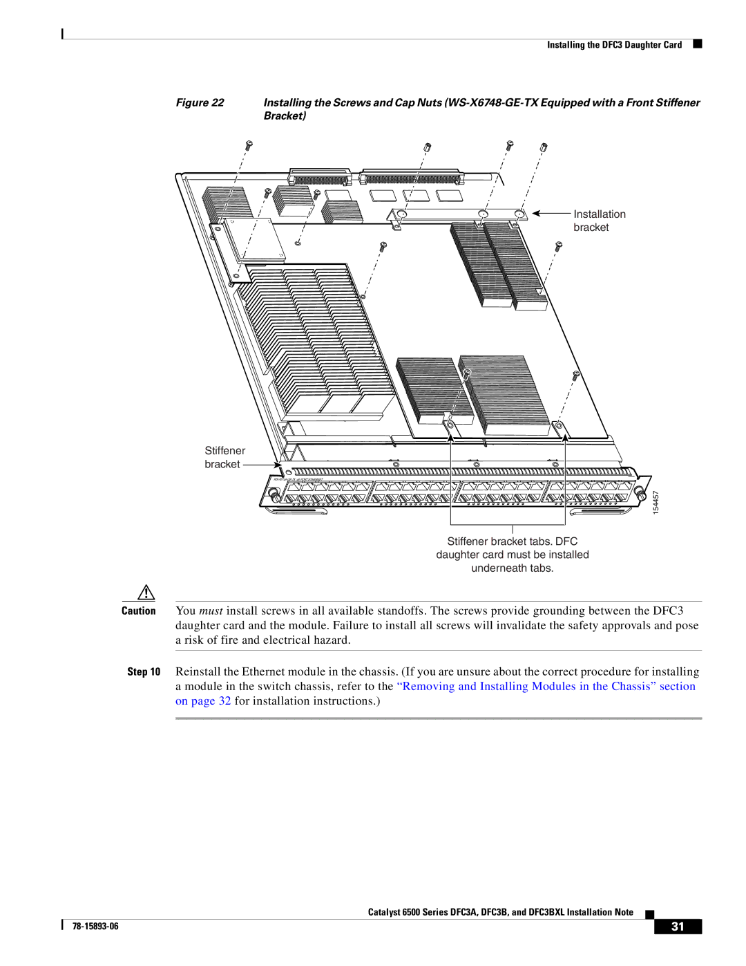 Cisco Systems DFC3BXL, DFC3A manual Installation bracket Stiffener bracket 