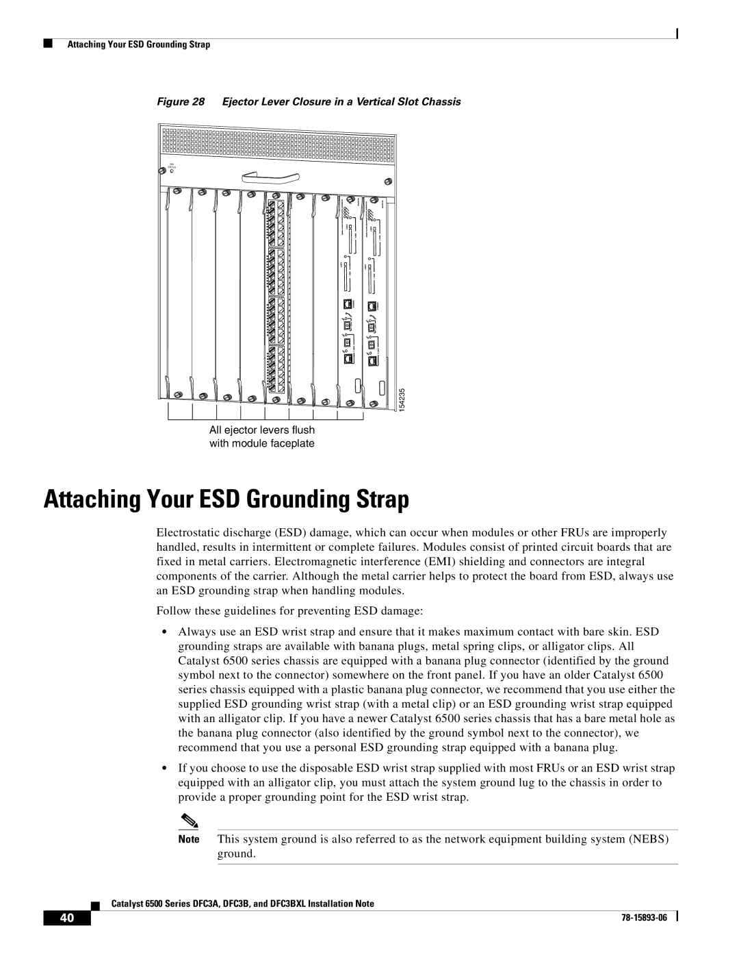 Cisco Systems DFC3BXL, DFC3A manual Attaching Your ESD Grounding Strap, All ejector levers flush with module faceplate 