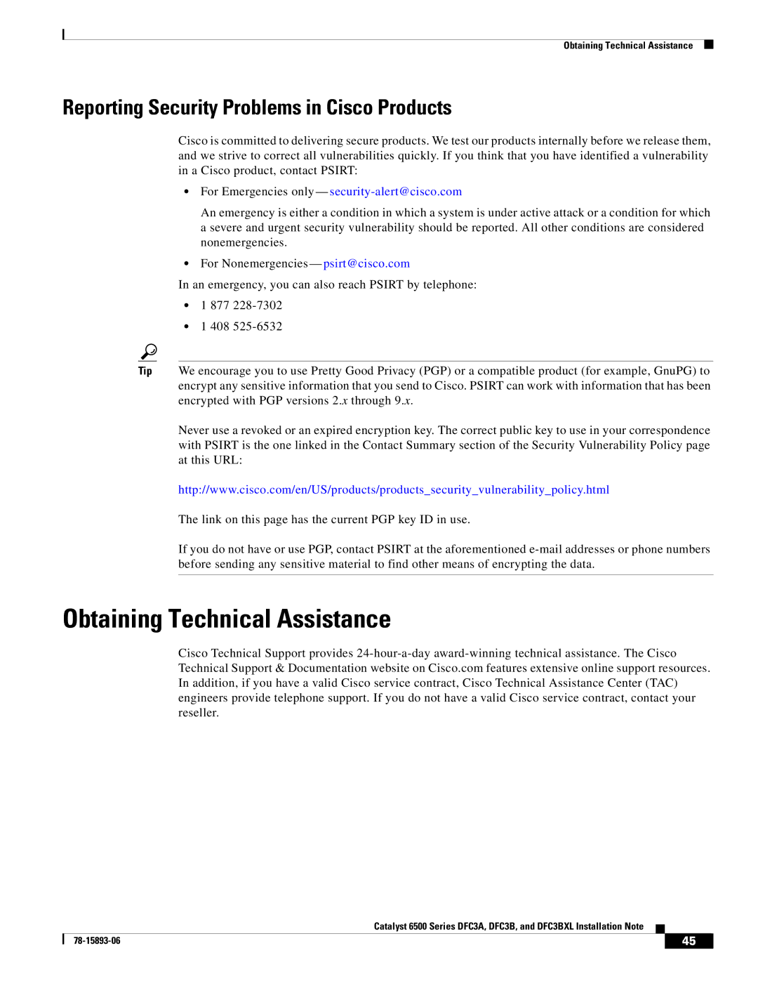 Cisco Systems DFC3BXL, DFC3A manual Obtaining Technical Assistance, Reporting Security Problems in Cisco Products 