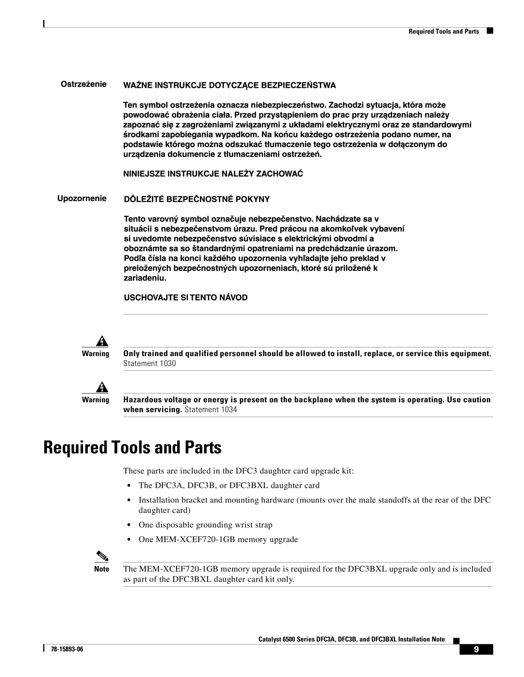 Cisco Systems DFC3BXL, DFC3A manual Required Tools and Parts 