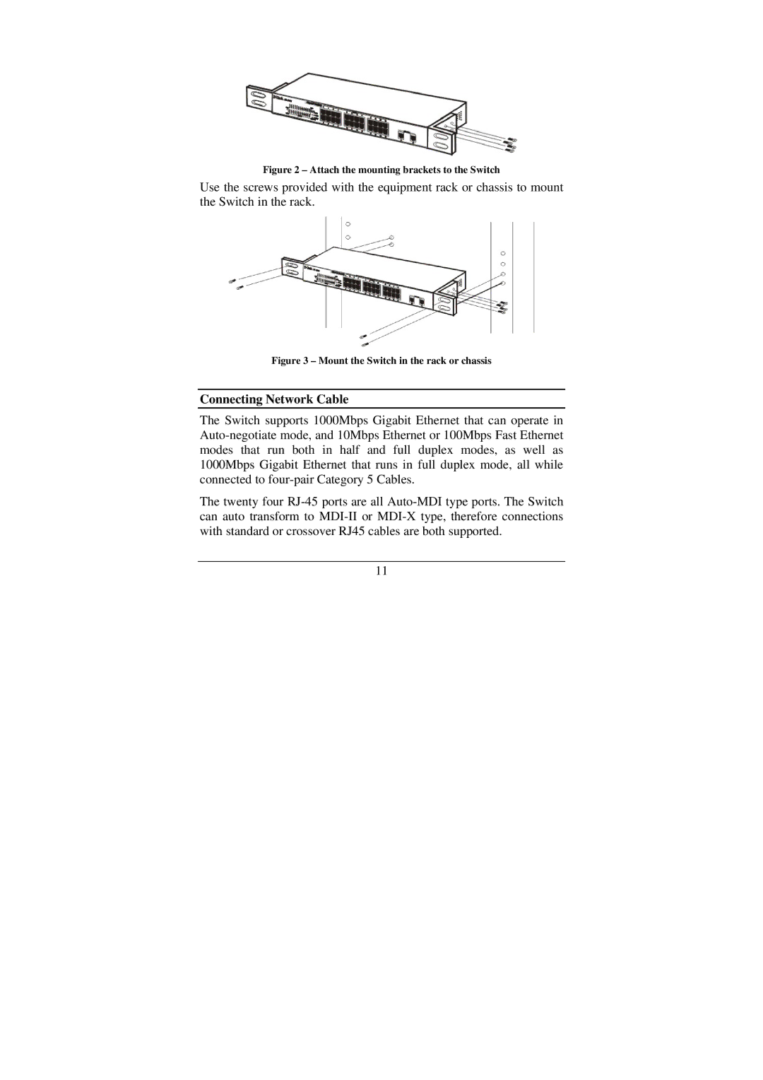 Cisco Systems DGS-1224T manual Connecting Network Cable, Attach the mounting brackets to the Switch 