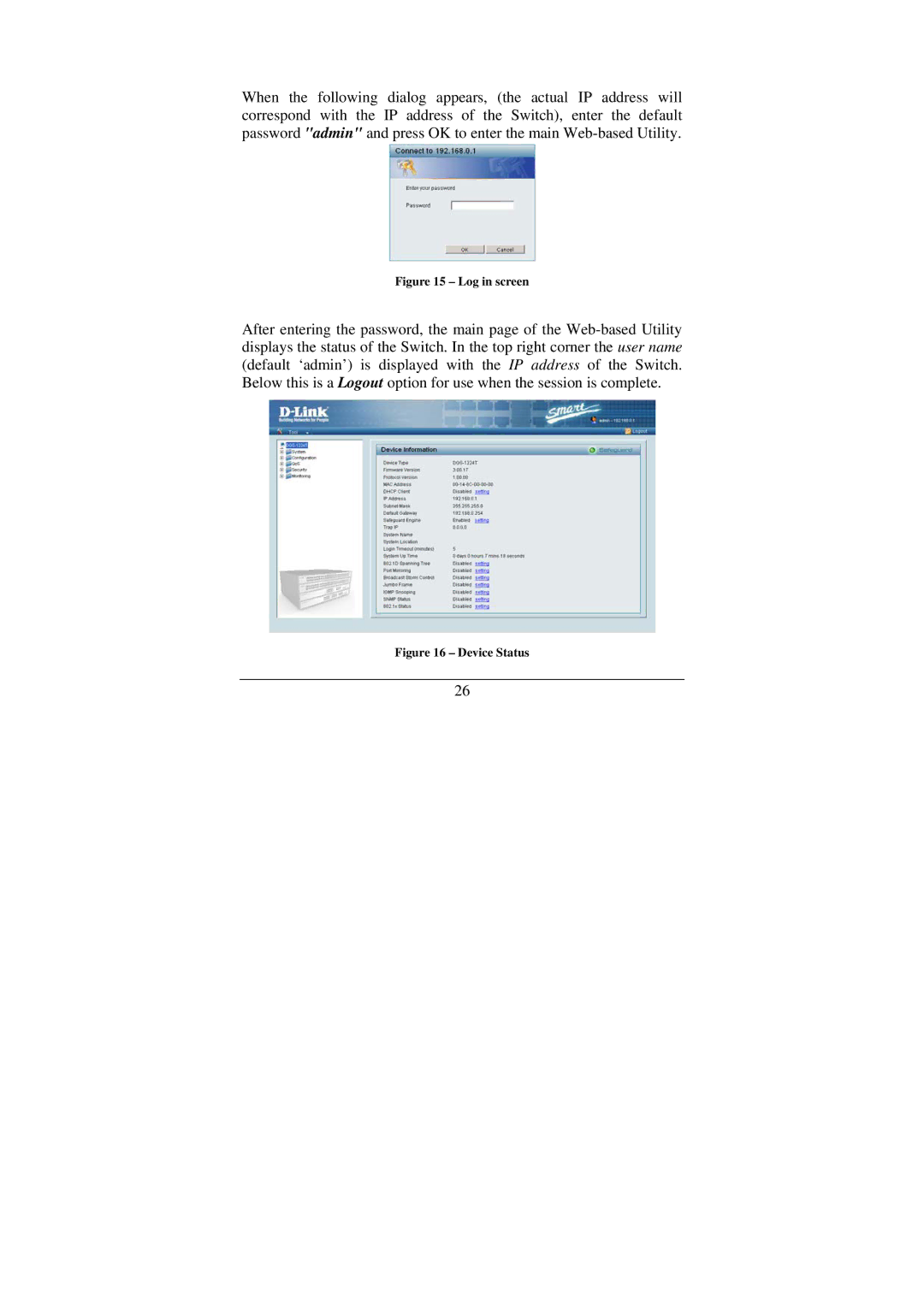 Cisco Systems DGS-1224T manual Log in screen 